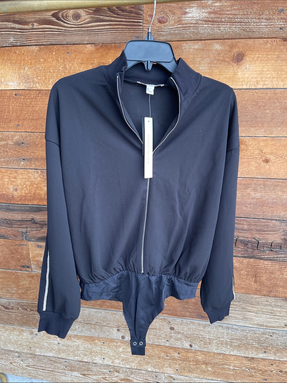 INC x CULPOS Bodysuit Women’s Medium Black Rhinestone Zip Front Long Sleeve NWT